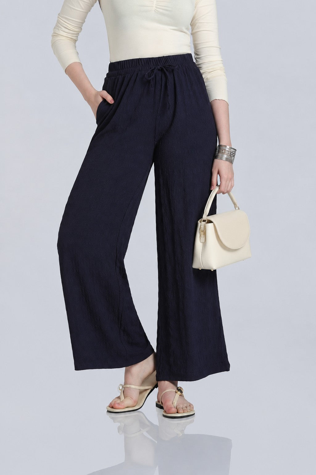 Navy Mid Rise Wide Leg Fit Casual Pant for Women - Image 1