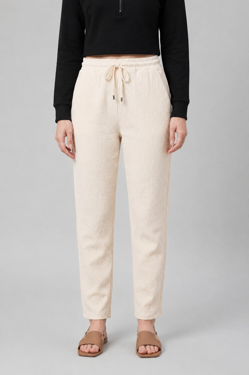 Cream Textured Regular Fit Trouser for Women - Image 2