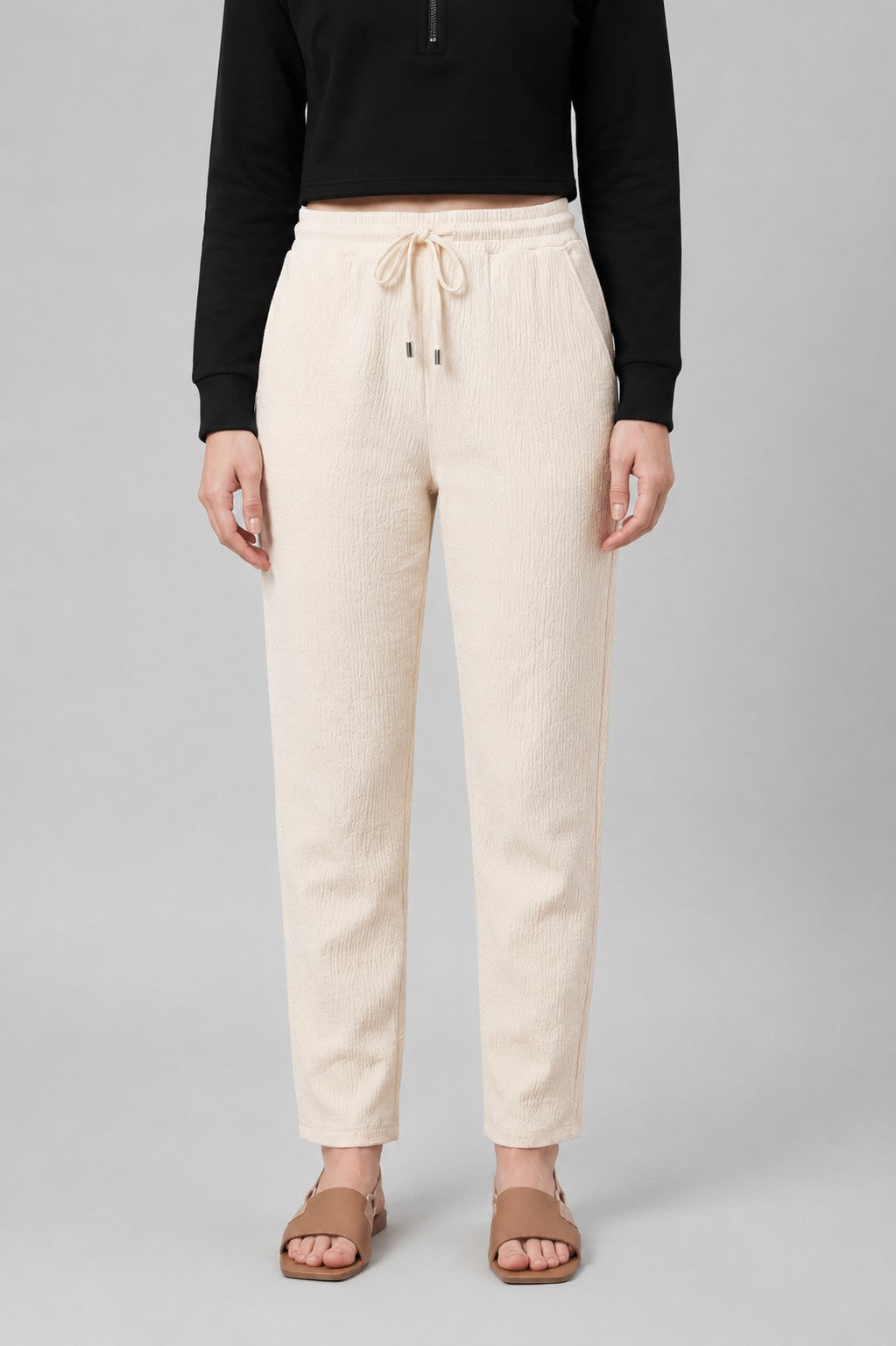 Cream Textured Regular Fit Trouser for Women - Image 2