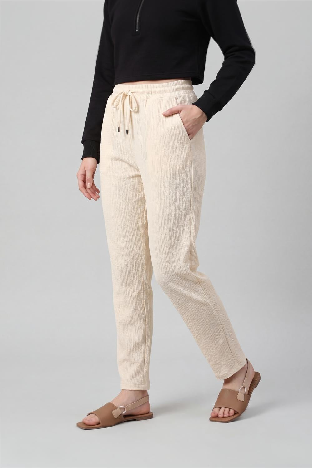 Cream Textured Regular Fit Trouser for Women - Image 4
