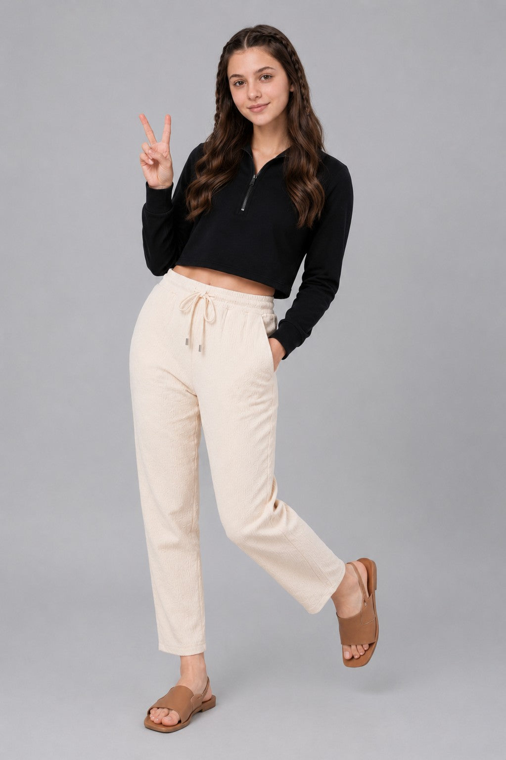 Cream Textured Regular Fit Trouser for Women - Image 6