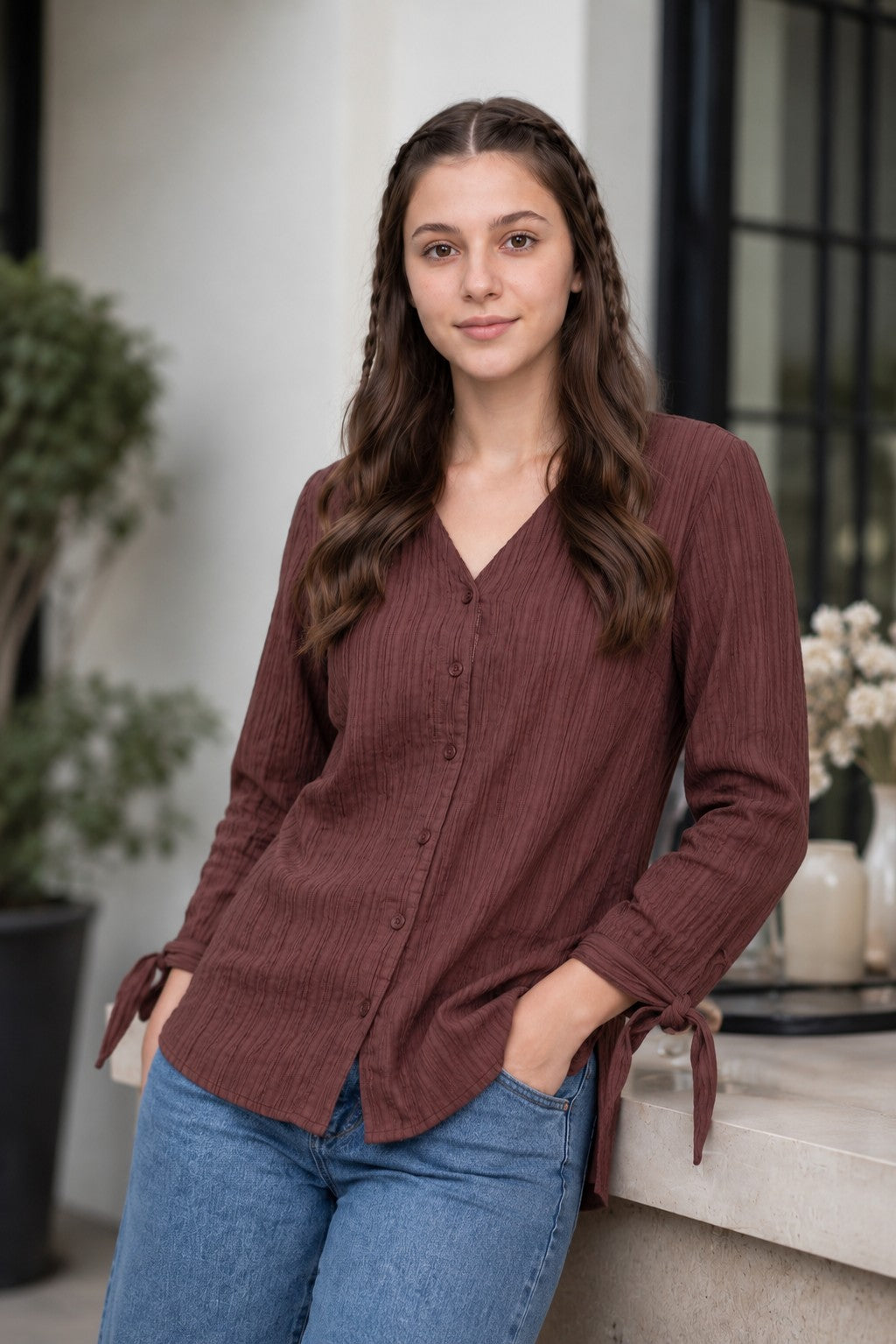 Brown Textured Regular Fit Top for Women - Image 1