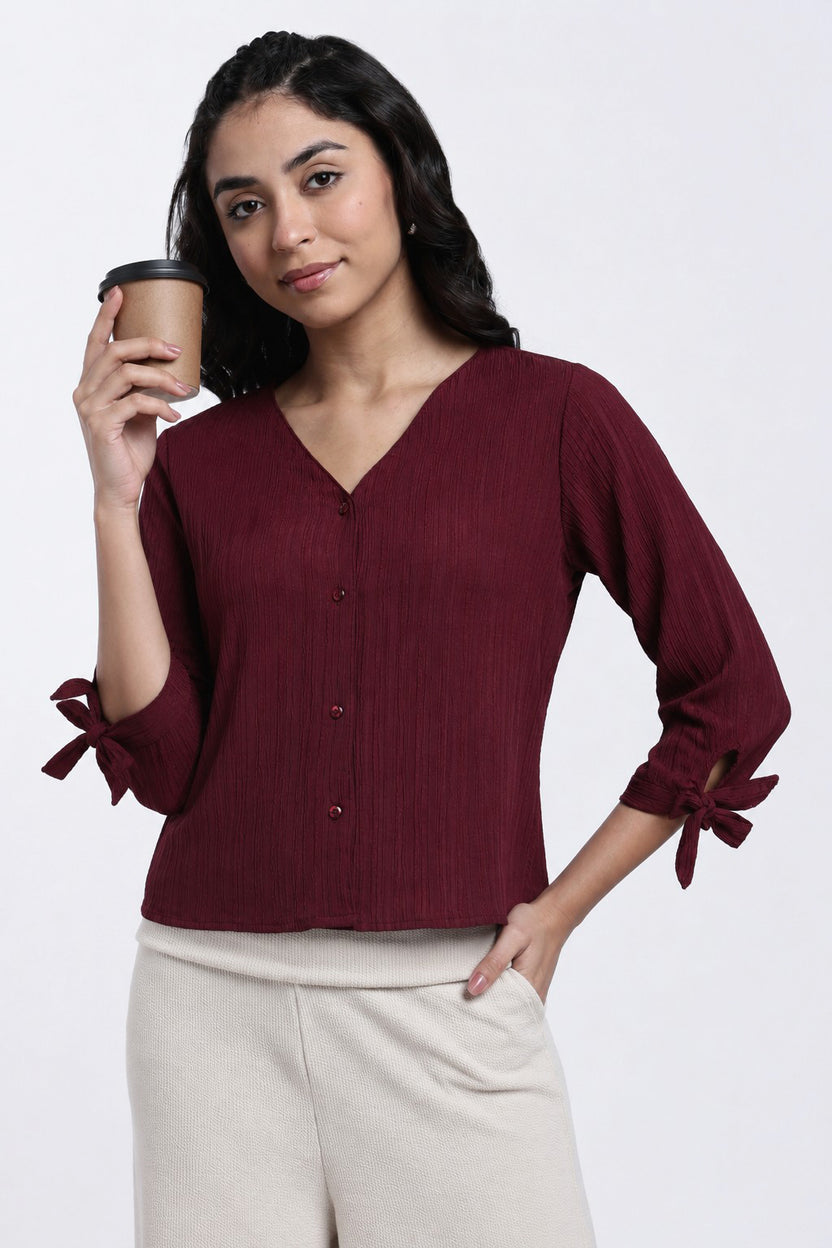 Maroon Textured Regular Fit Top for Women - Image 1