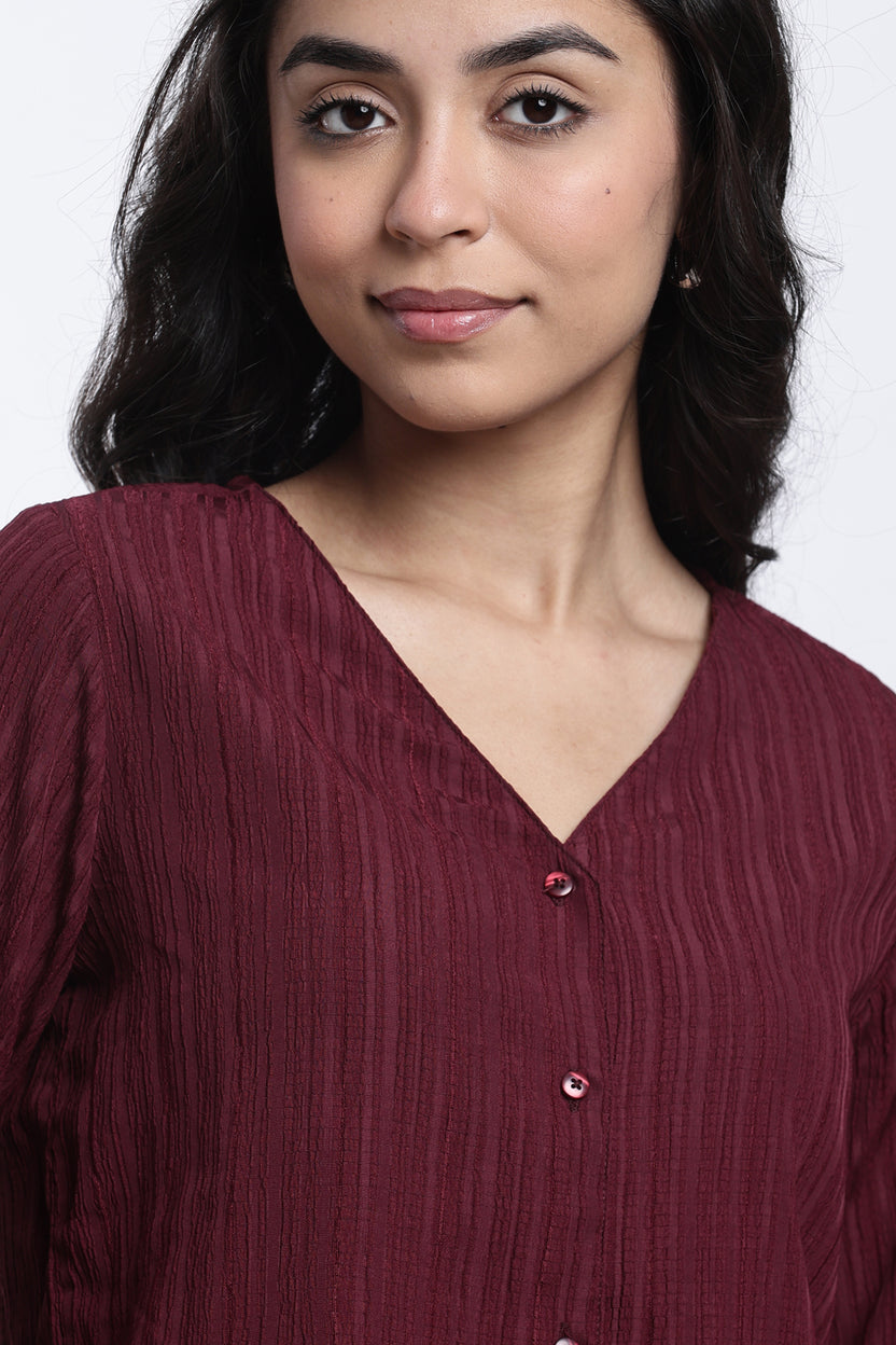 Maroon Textured Regular Fit Top for Women - Image 3