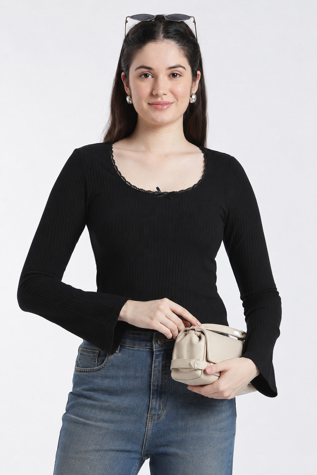 Black Bell Sleeves Slim Fit Top For Women - Image 1