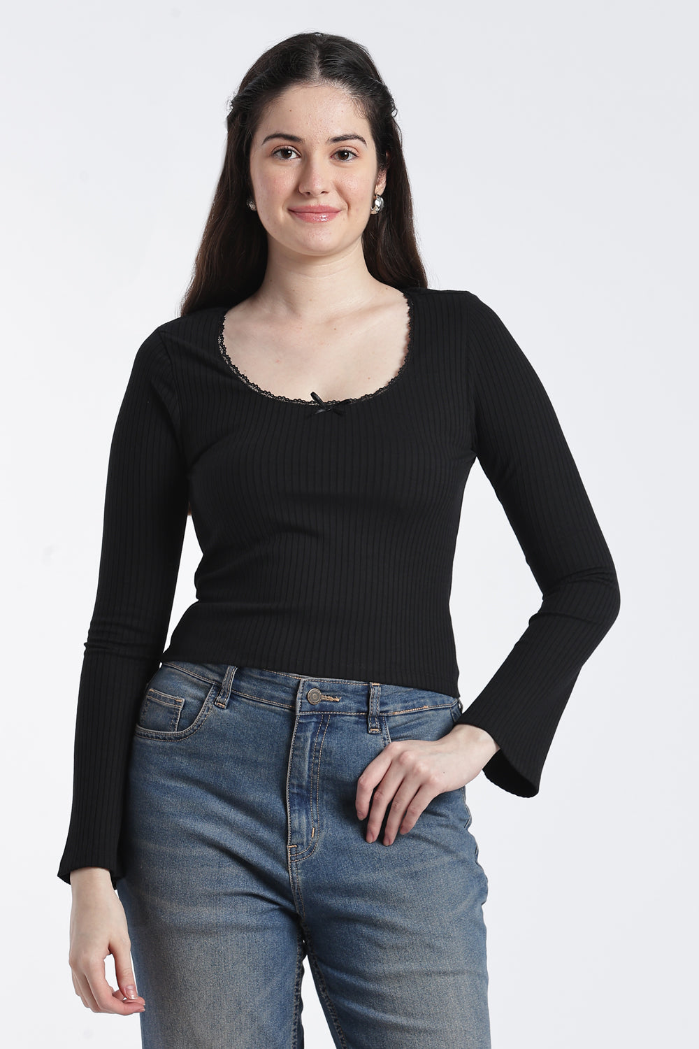 Black Bell Sleeves Slim Fit Top For Women - Image 2
