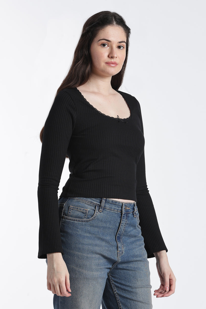 Black Bell Sleeves Slim Fit Top For Women - Image 4