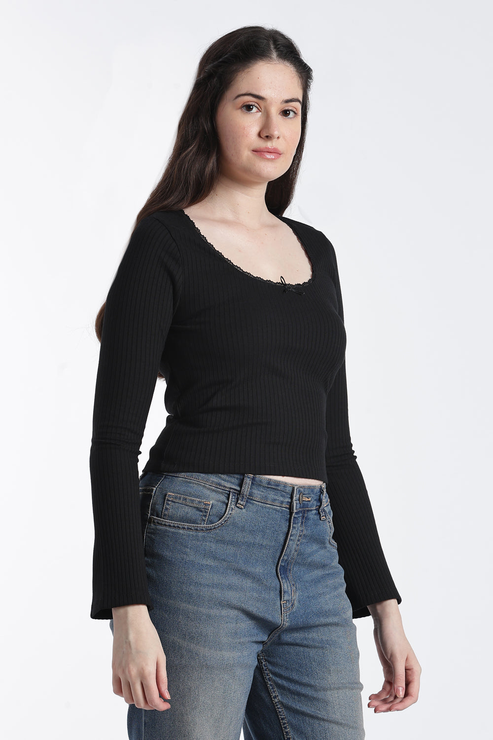 Black Bell Sleeves Slim Fit Top For Women - Image 4