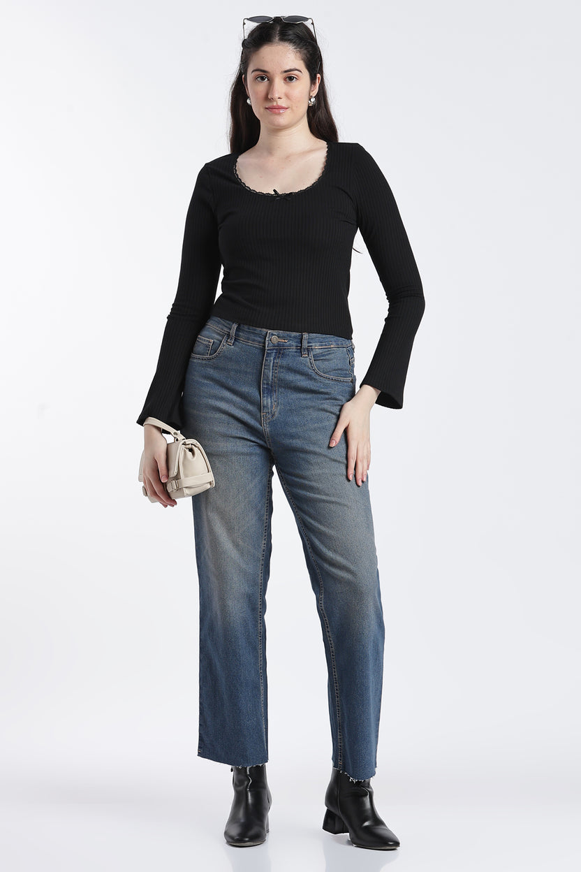 Black Bell Sleeves Slim Fit Top For Women - Image 6