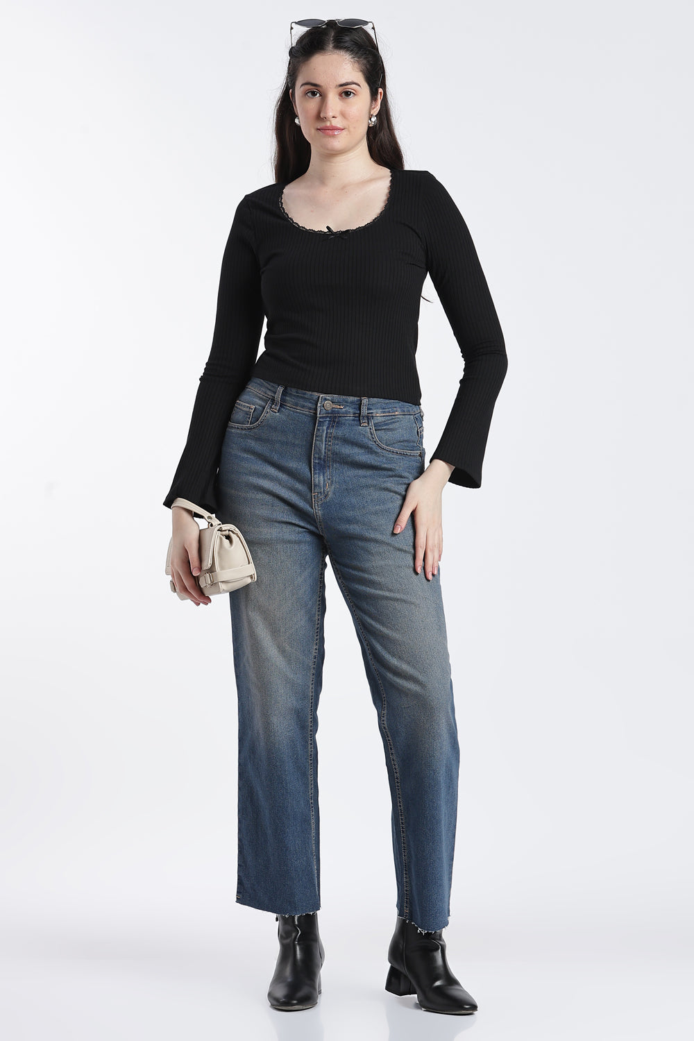 Black Bell Sleeves Slim Fit Top For Women - Image 6