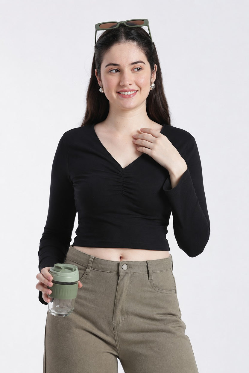 Black Gathered Slim Fit Top for Women - Image 1