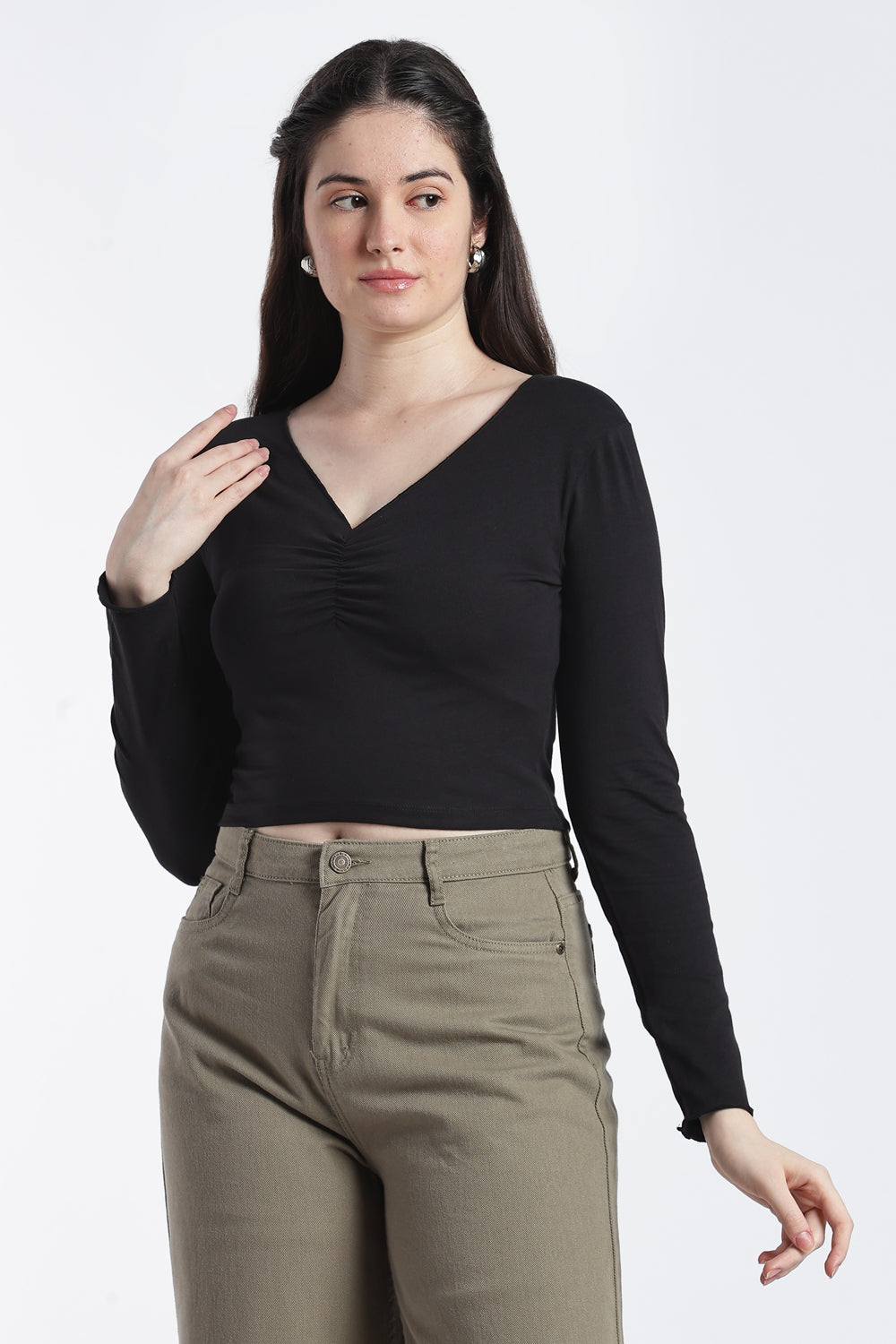 Black Gathered Slim Fit Top for Women - Image 2