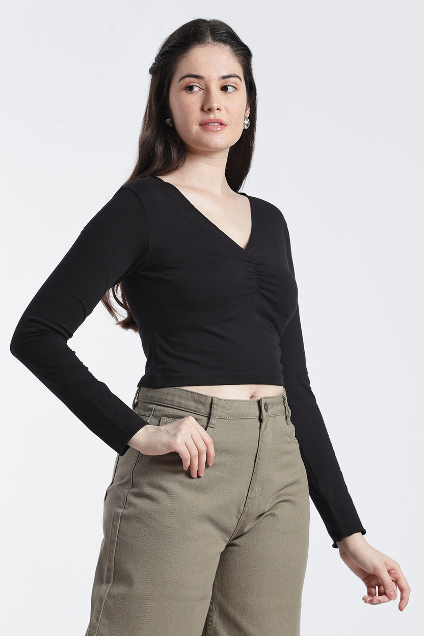 Black Gathered Slim Fit Top for Women - Image 4