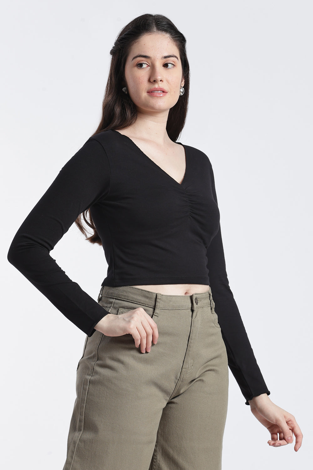Black Gathered Slim Fit Top for Women - Image 4