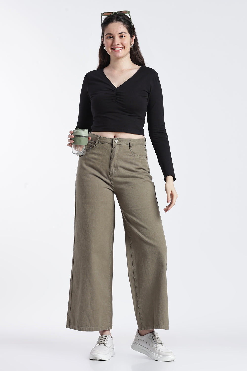 Black Gathered Slim Fit Top for Women - Image 6