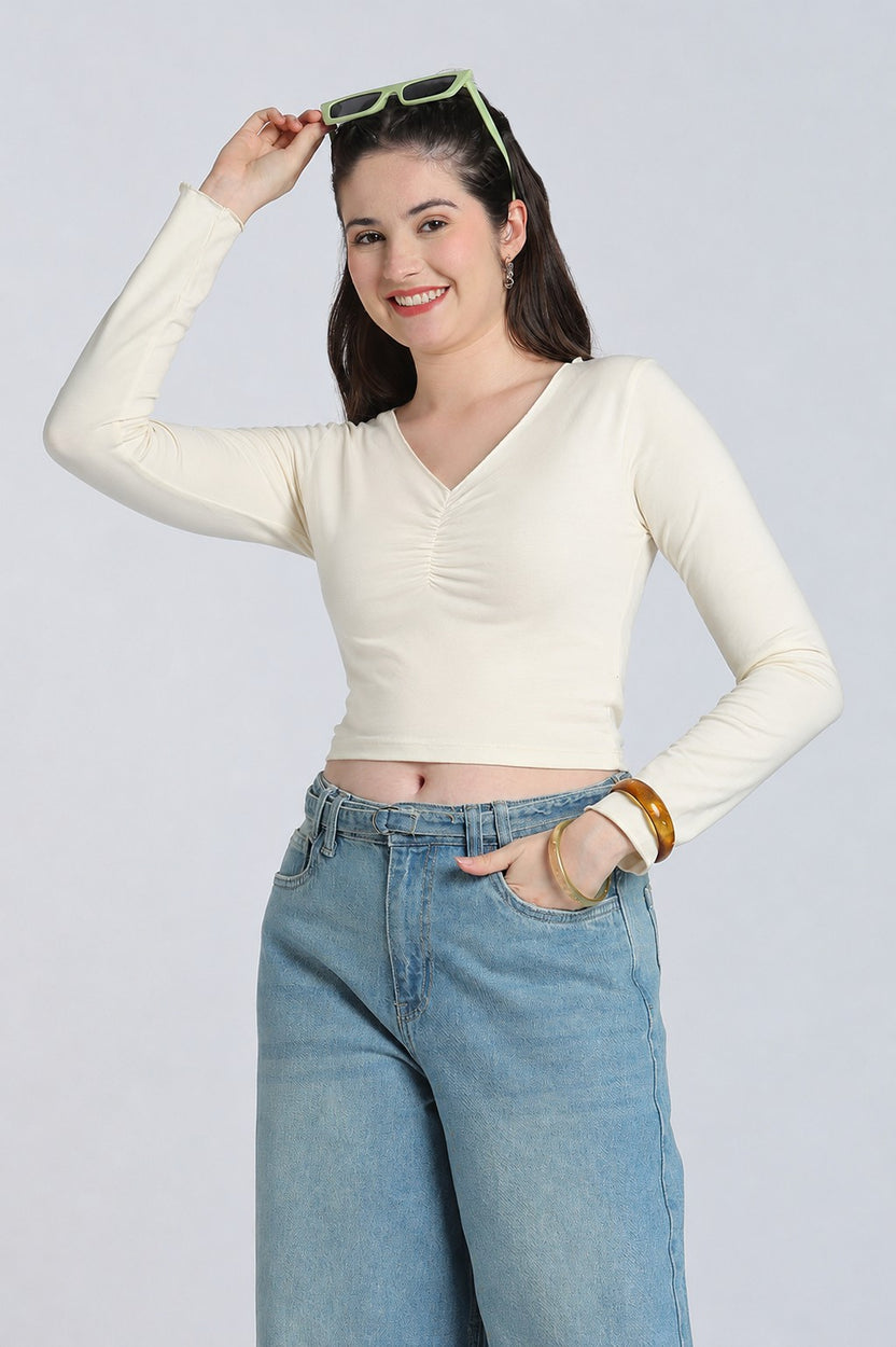 Cream Gathered Regular Fit Top for Women - Image 1