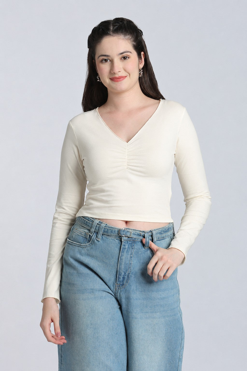 Cream Gathered Regular Fit Top for Women - Image 2