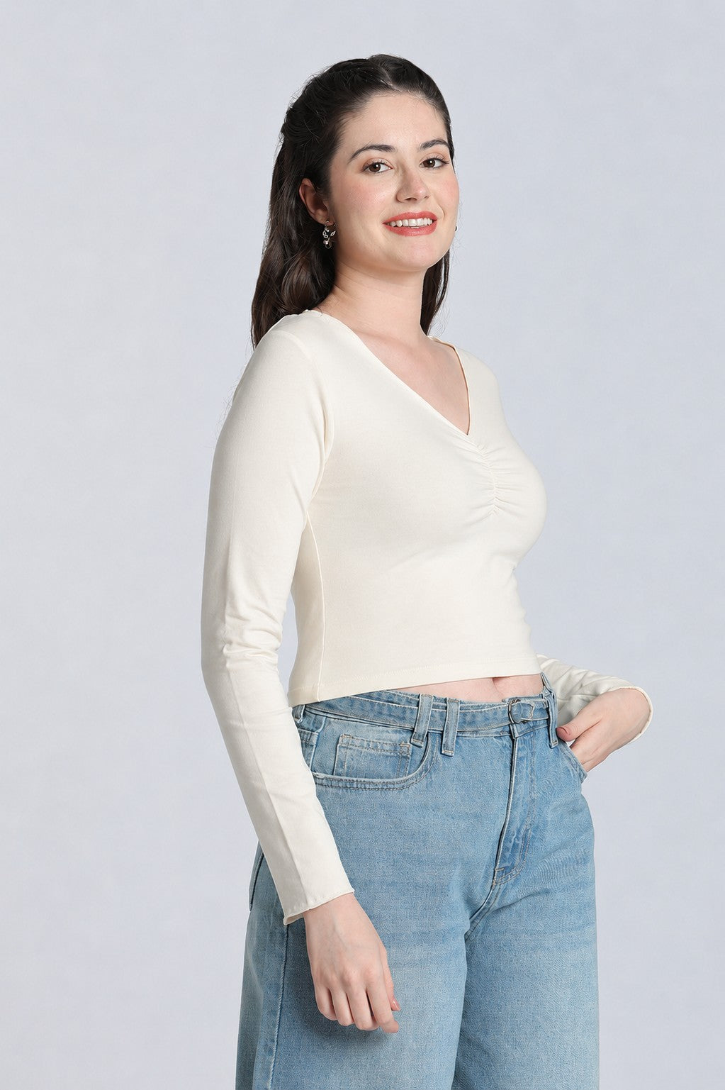 Cream Gathered Regular Fit Top for Women - Image 4