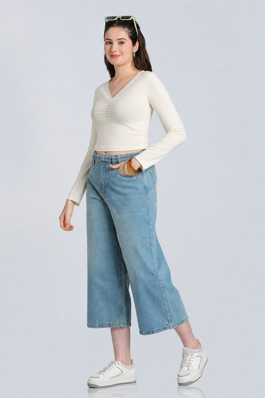 Cream Gathered Regular Fit Top for Women - Image 6