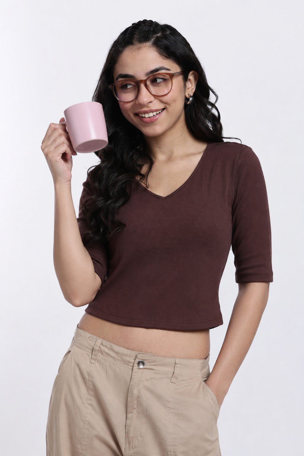 Chocolate Textured Crop T-Shirt for Women - Image 1