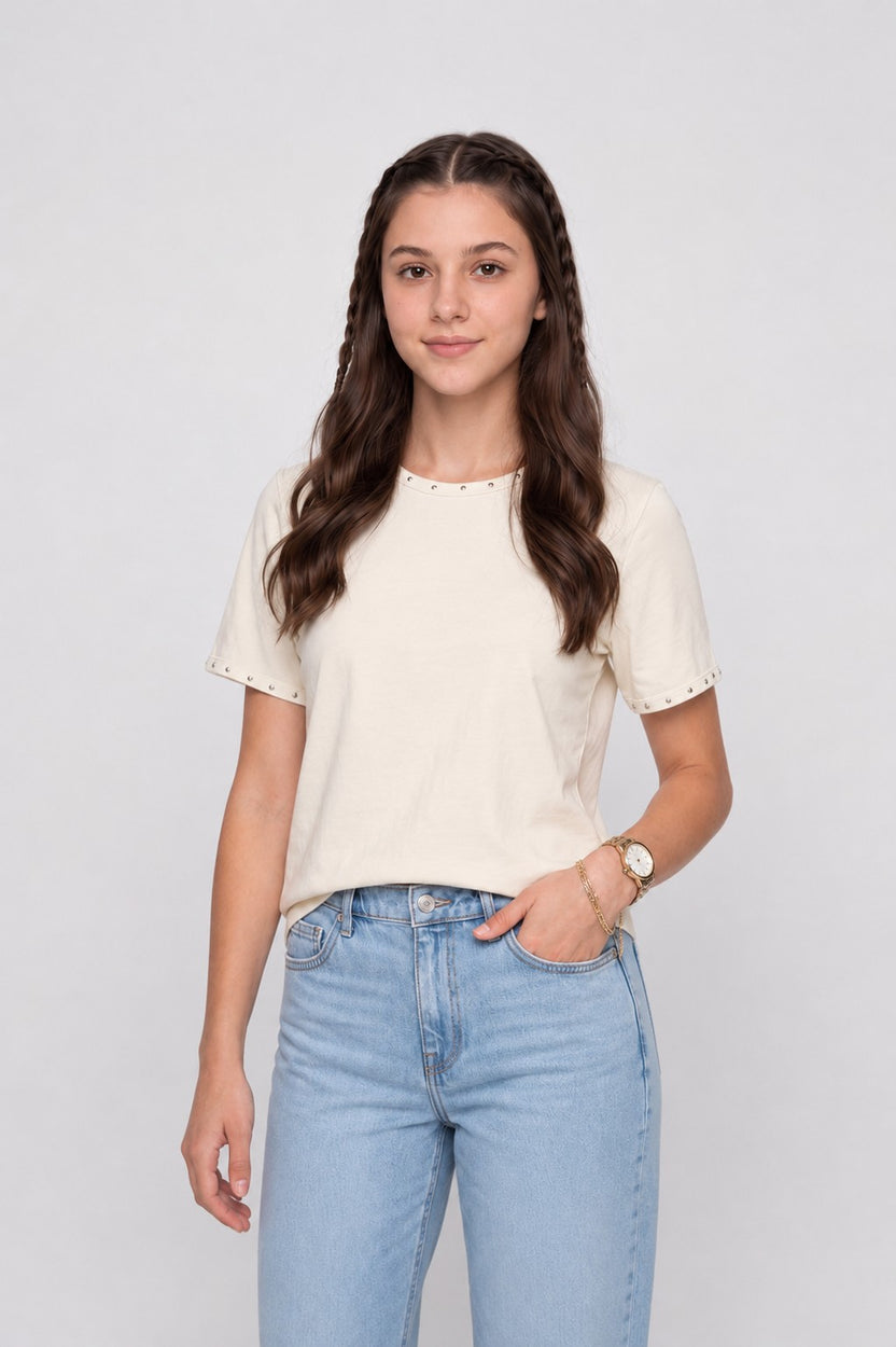 Off White Embellished Cotton Regular Fit T-Shirt for Women - Image 1