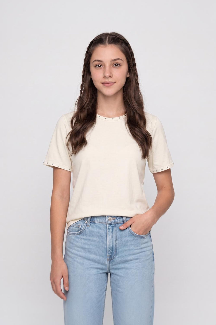 Off White Embellished Cotton Regular Fit T-Shirt for Women - Image 2