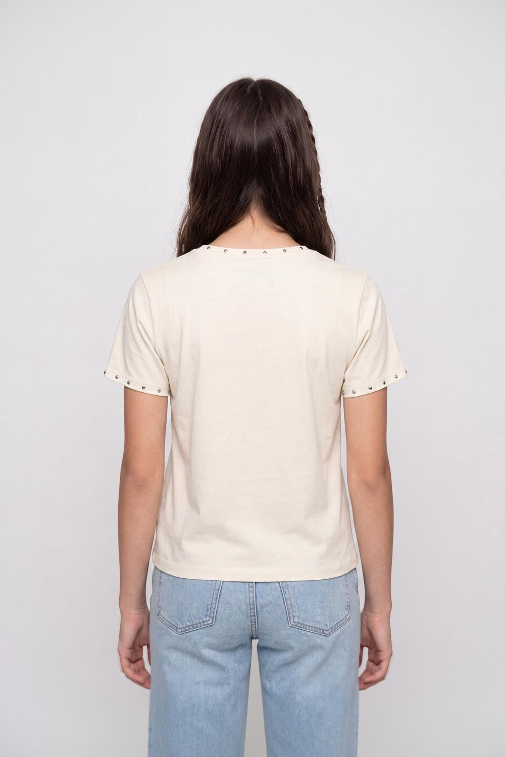 Off White Embellished Cotton Regular Fit T-Shirt for Women - Image 5