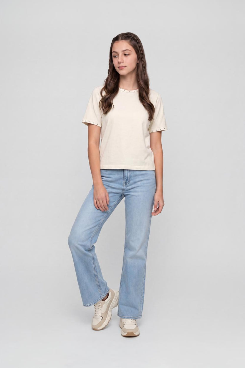 Off White Embellished Cotton Regular Fit T-Shirt for Women - Image 6