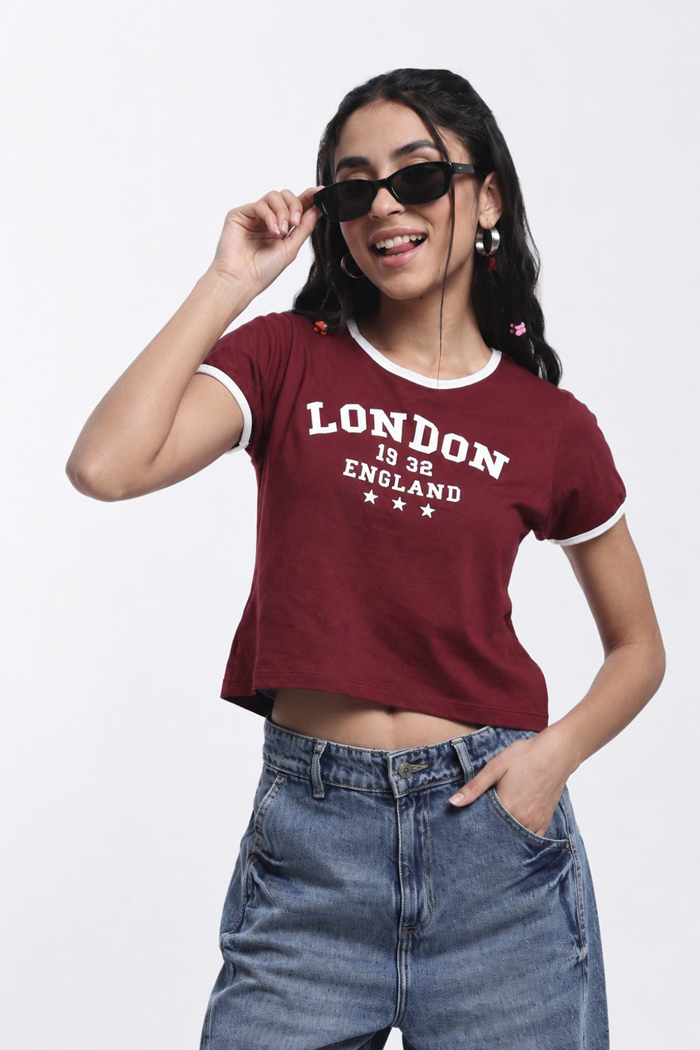 Maroon Typographic Regular Fit Crop T-Shirt for Women - Image 1