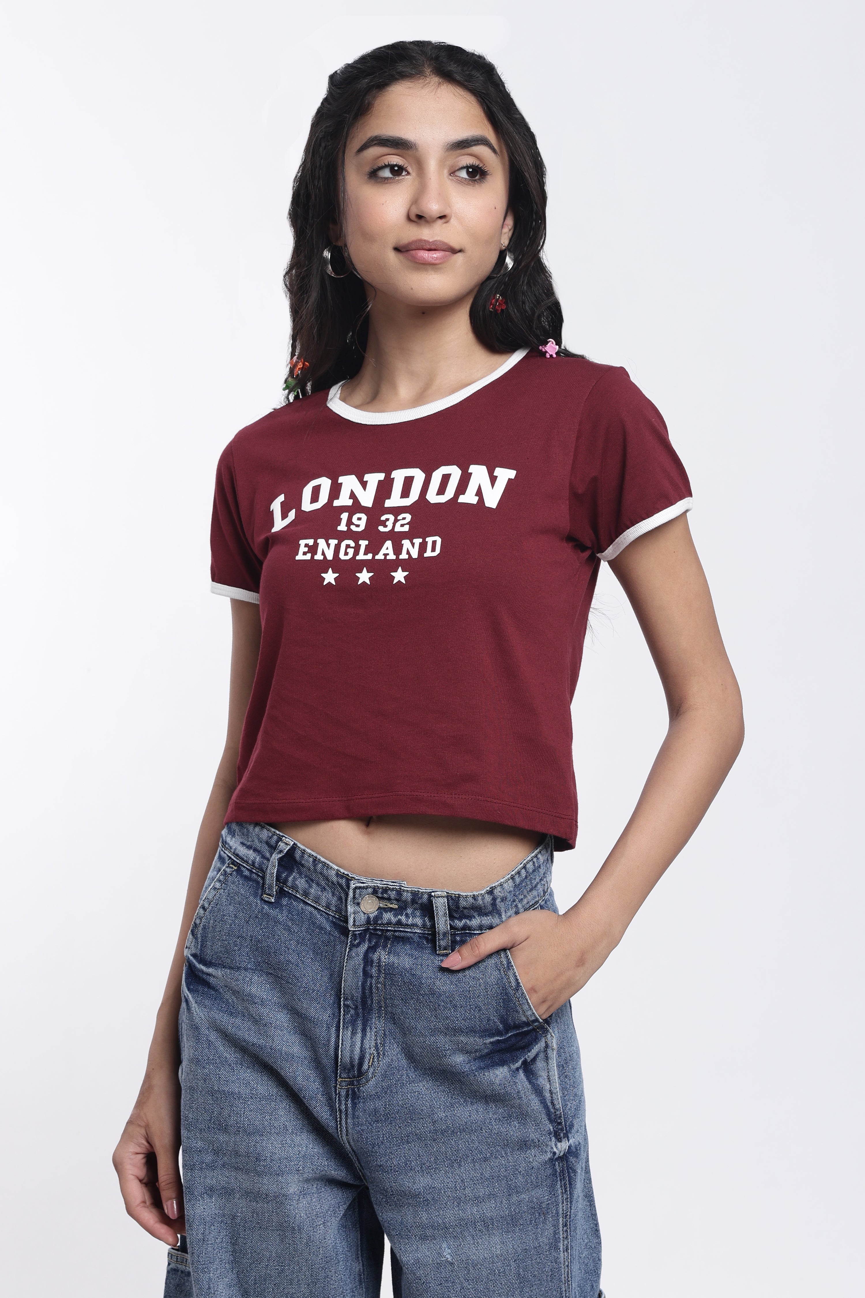 Maroon Typographic Regular Fit Crop T-Shirt for Women - Image 2