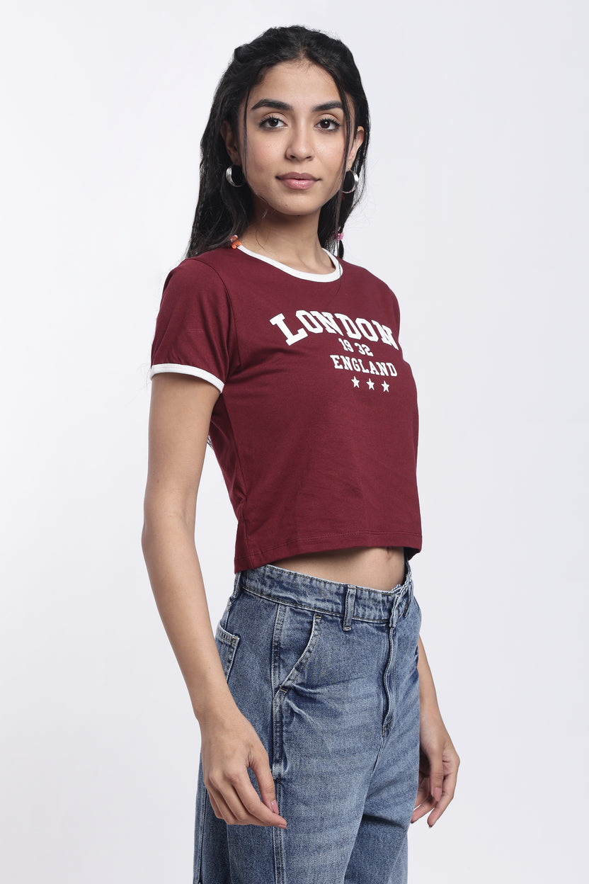 Maroon Typographic Regular Fit Crop T-Shirt For Women - Image 4