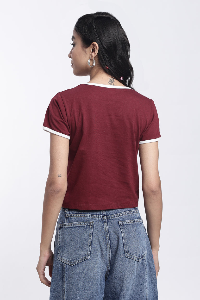 Maroon Typographic Regular Fit Crop T-Shirt For Women - Image 5