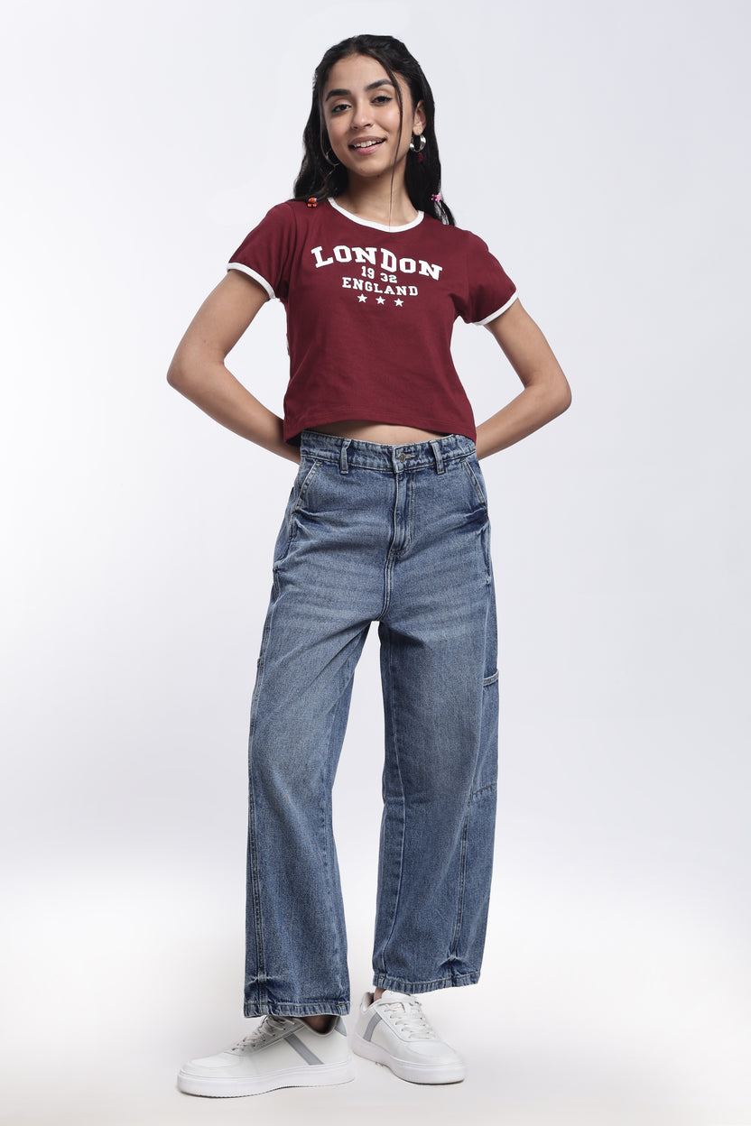 Maroon Typographic Regular Fit Crop T-Shirt For Women - Image 6