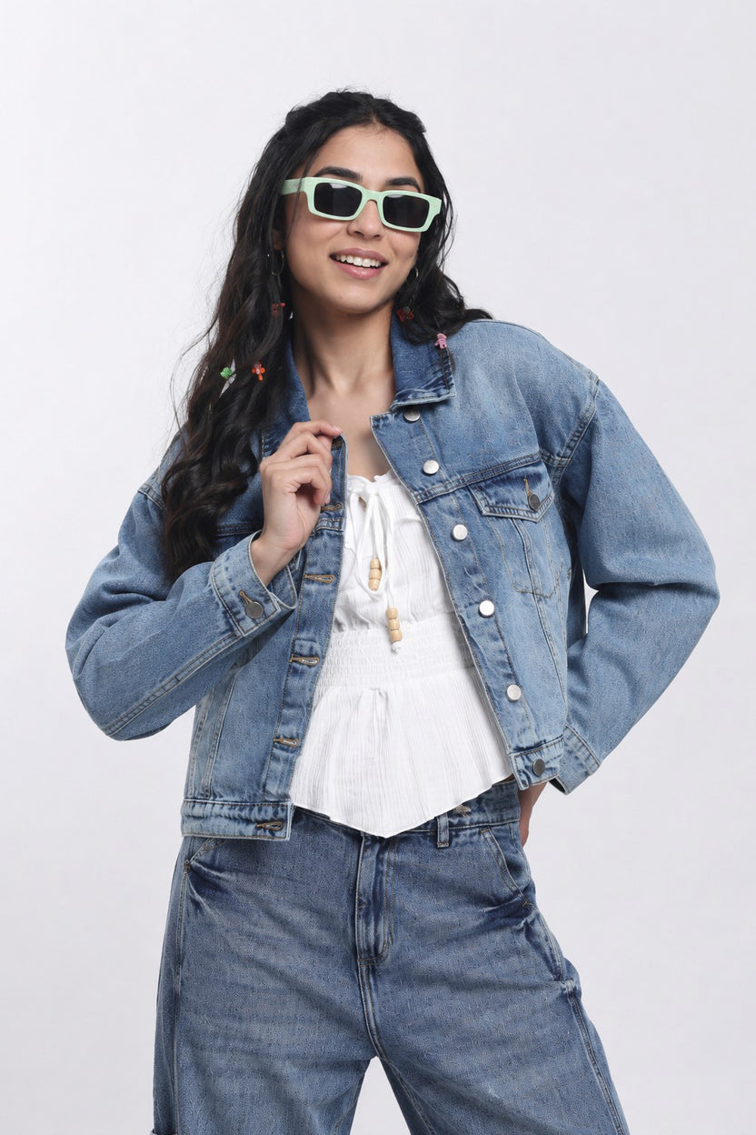 Blue Boxy Fit Denim Jacket For Women - Image 1