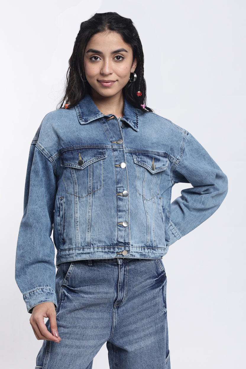 Blue Boxy Fit Denim Jacket For Women - Image 2
