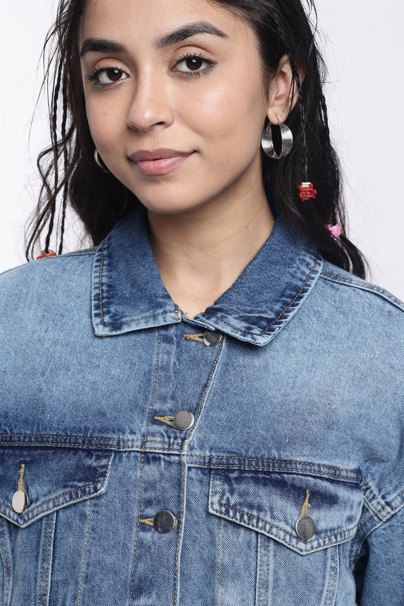 Blue Boxy Fit Denim Jacket For Women - Image 7