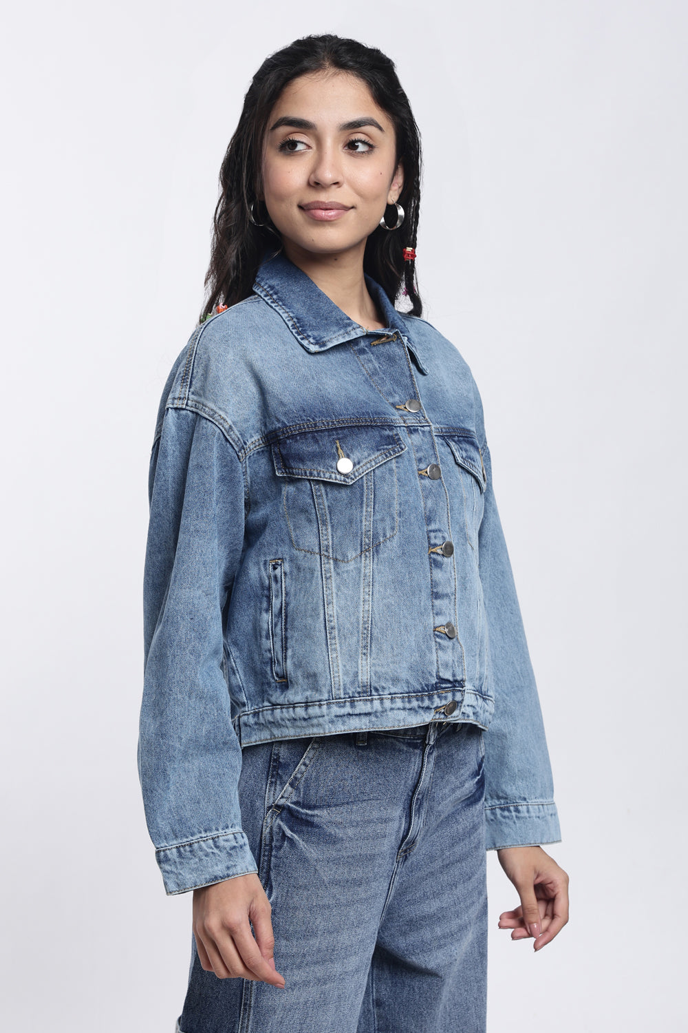 Blue Boxy Fit Denim Jacket For Women - Image 4