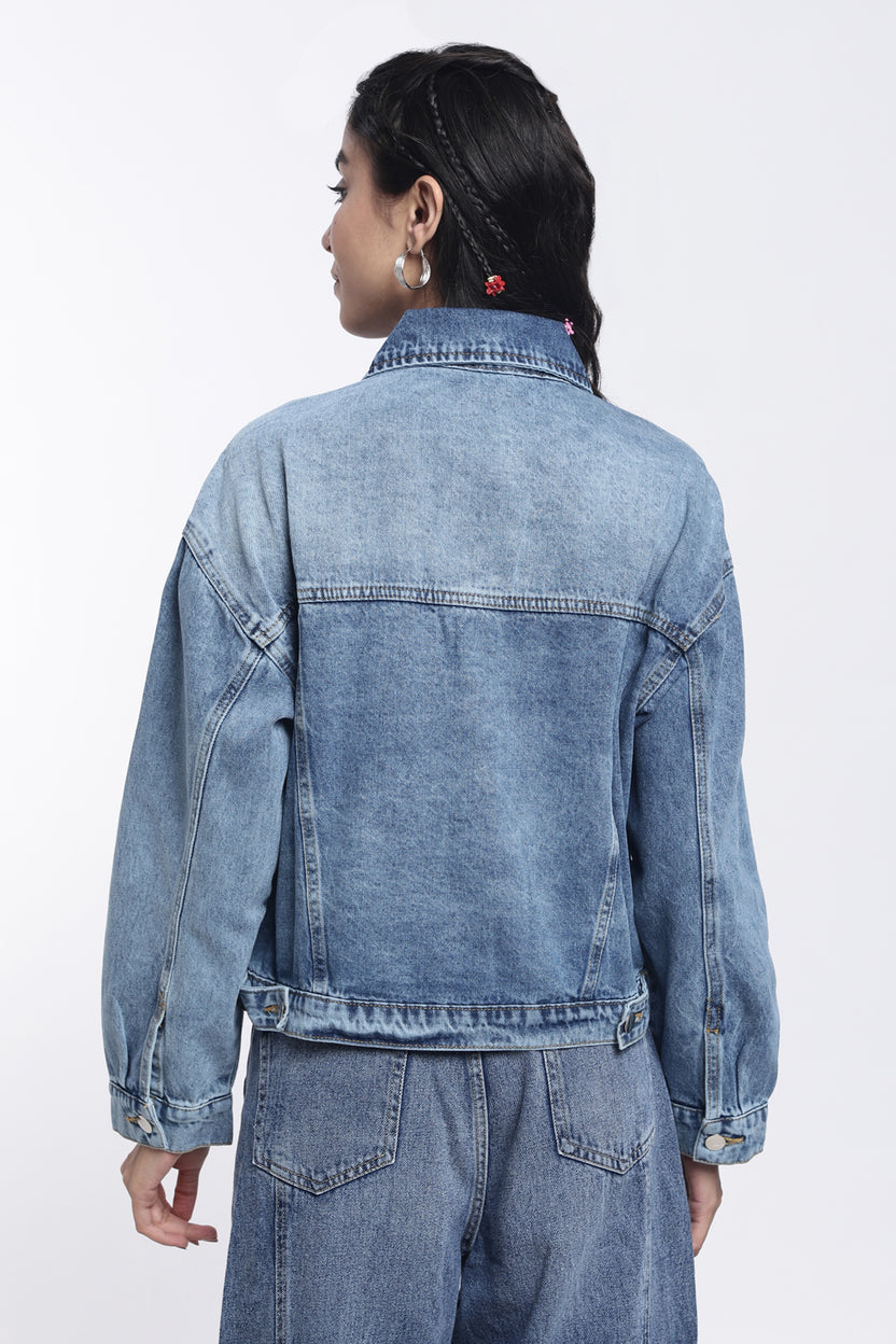 Blue Boxy Fit Denim Jacket For Women - Image 5