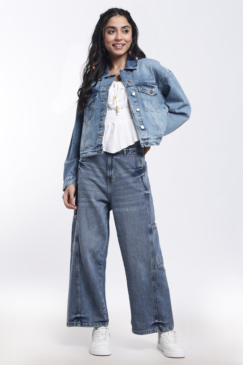 Blue Boxy Fit Denim Jacket For Women - Image 6