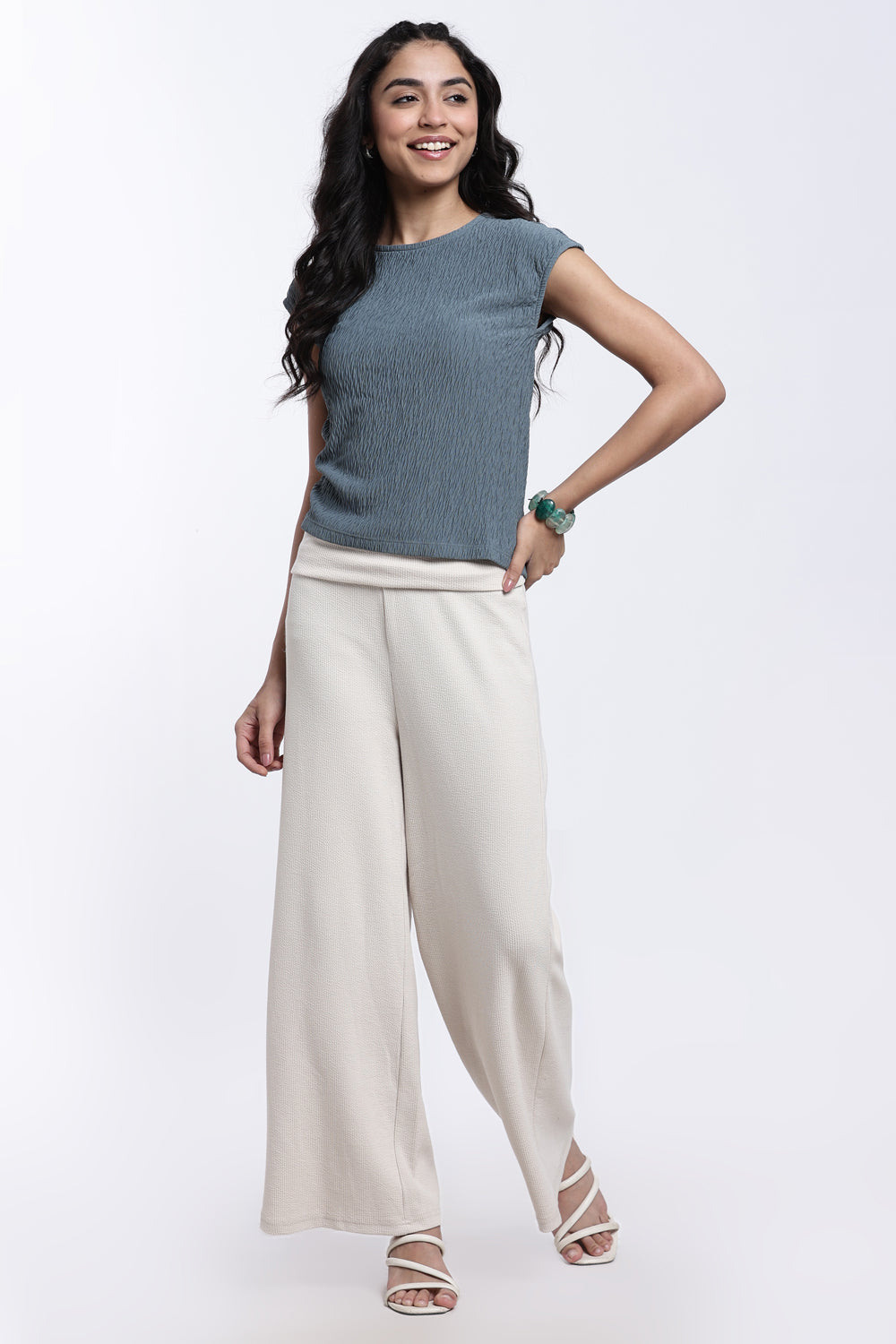 Light Blue Textured Regular Fit Crop Top for Women - Image 6