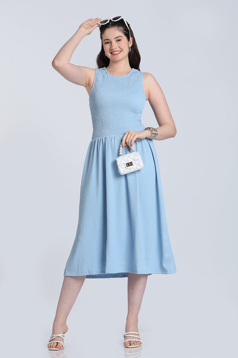 Light Blue Shirred Fit Dress for Women - Image 1