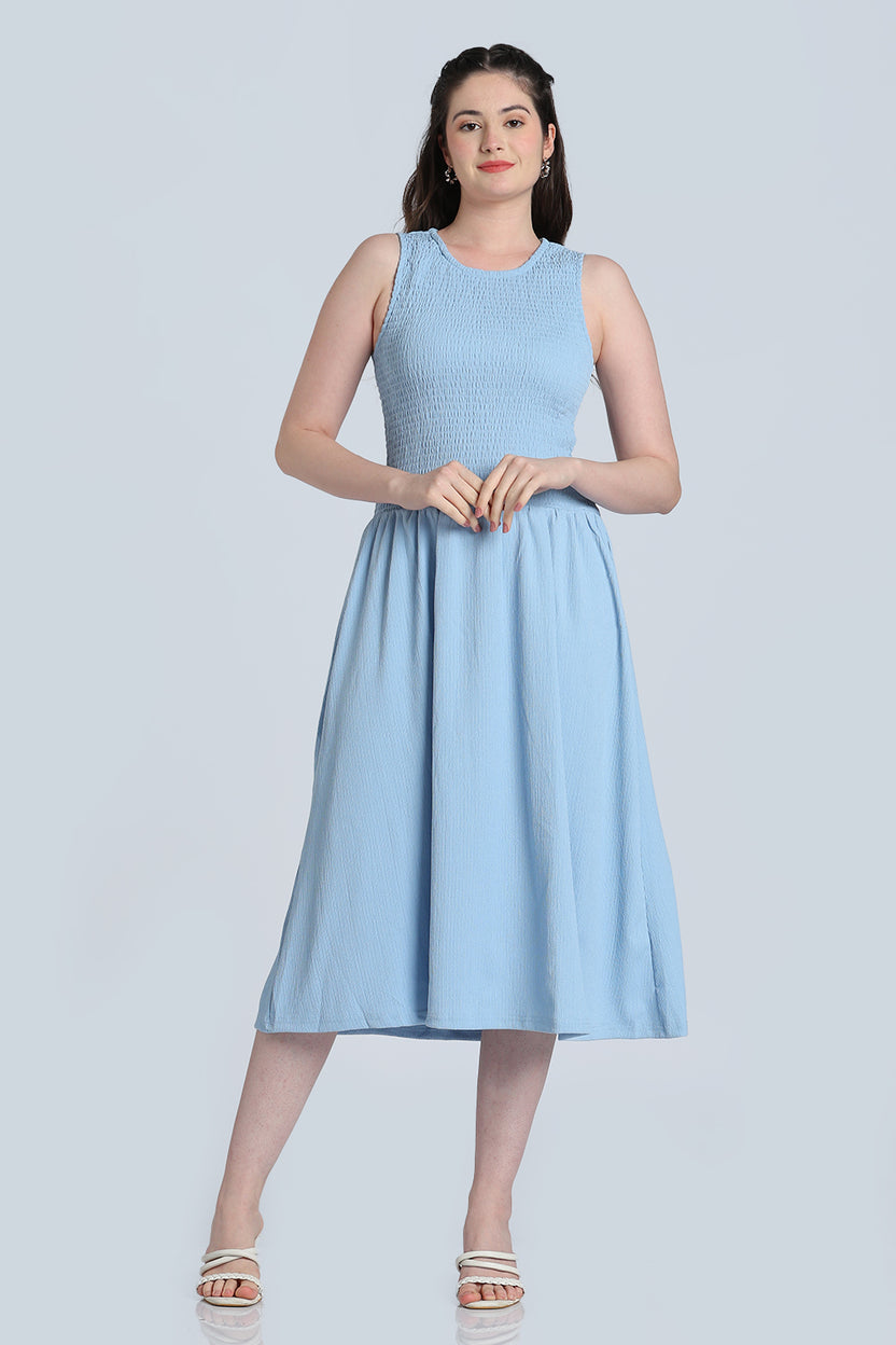 Light Blue Shirred Fit Dress for Women - Image 2