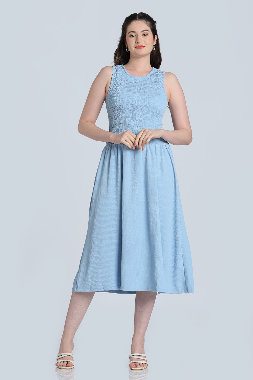 Light Blue Shirred Fit Dress for Women - Image 2