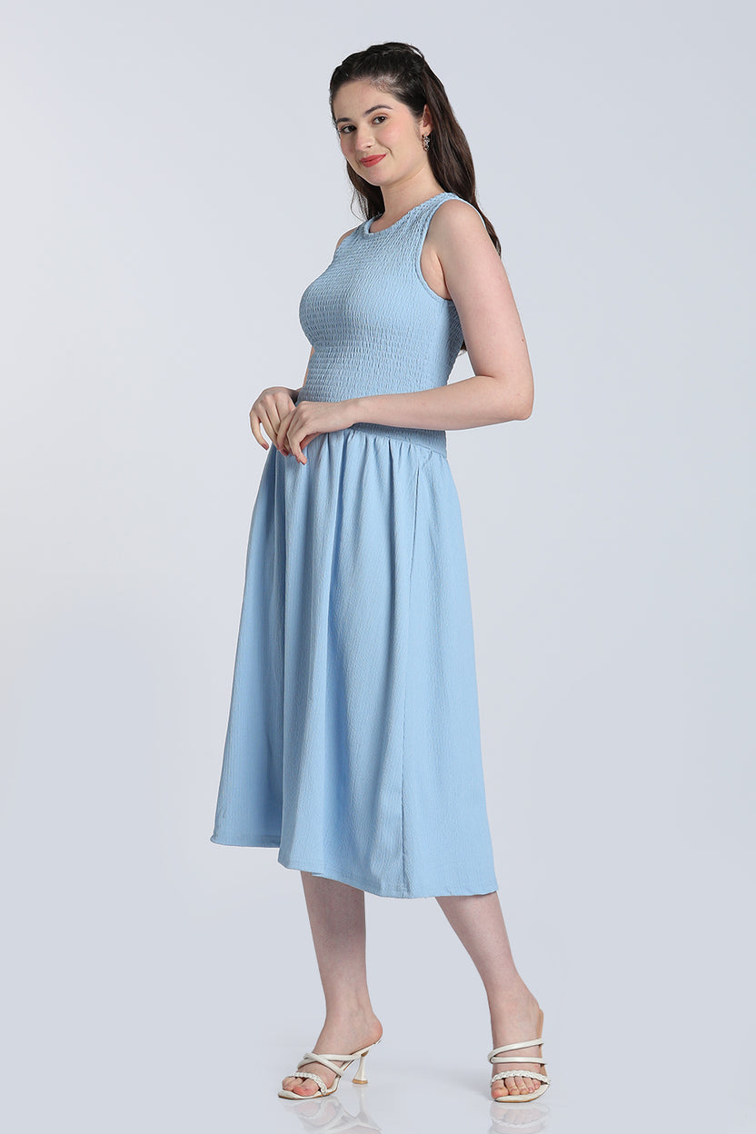 Light Blue Shirred Fit Dress for Women - Image 4