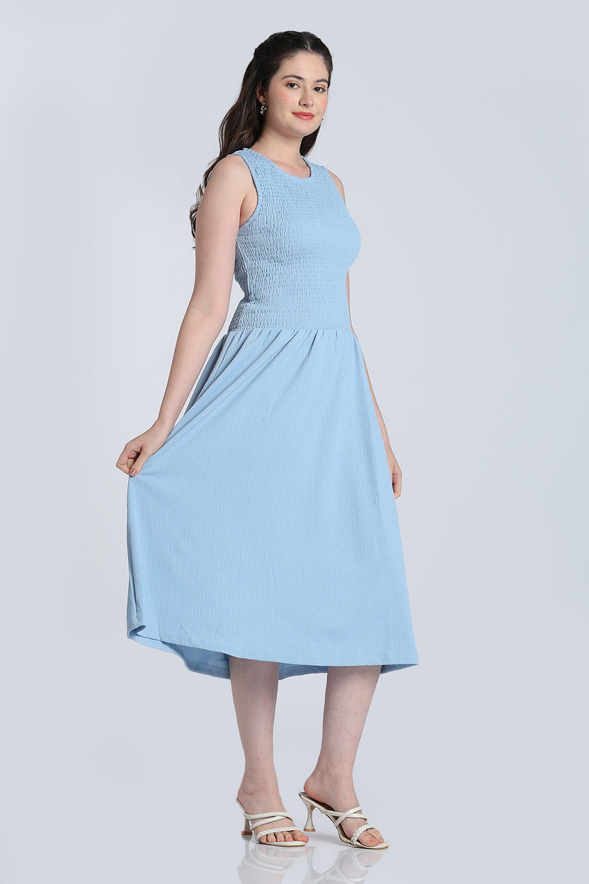 Light Blue Shirred Fit Dress for Women - Image 6