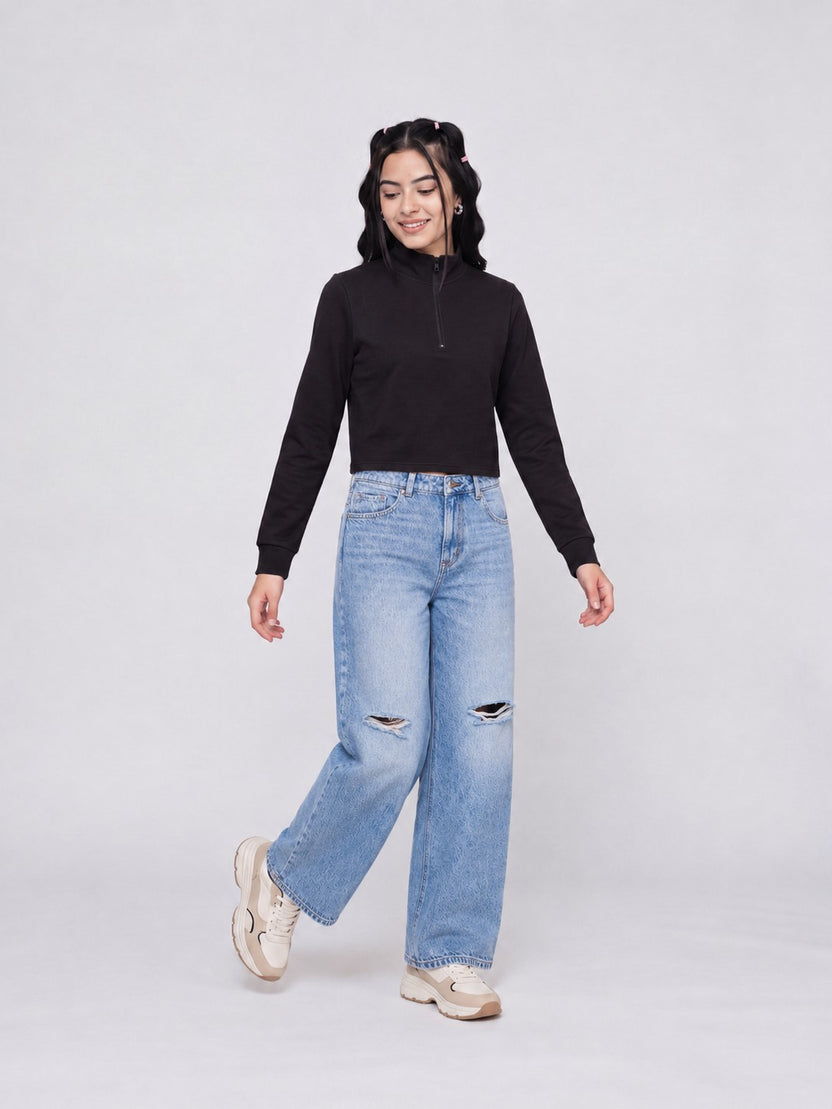 Black Drop Shoulder Sleeves Regular Fit Sweatshirt for Women - Image 6