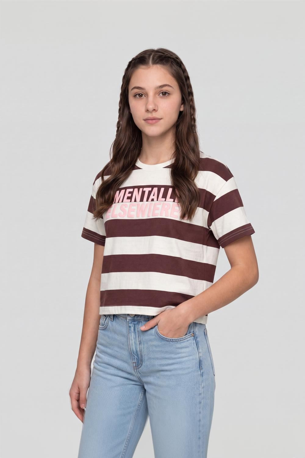 Brown Striped Cotton Regular Fit T-Shirt for Women - Image 1