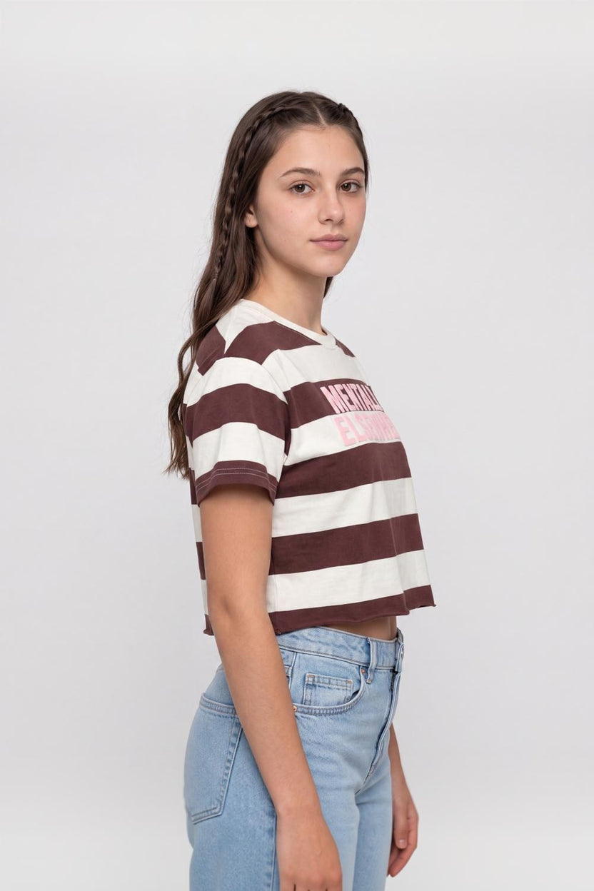 Brown Striped Cotton Regular Fit T-Shirt for Women - Image 4