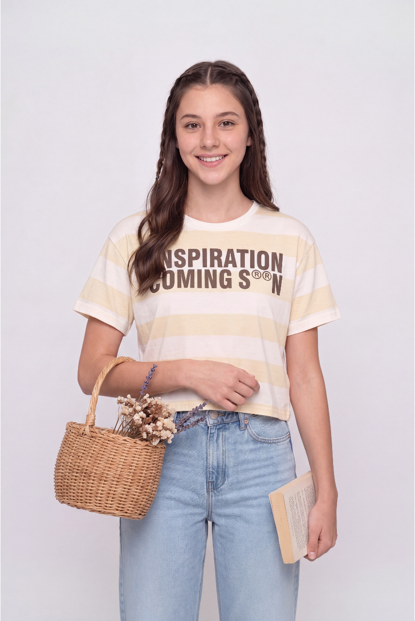 Yellow Striped Cotton Regular Fit T-Shirt for Women - Image 1
