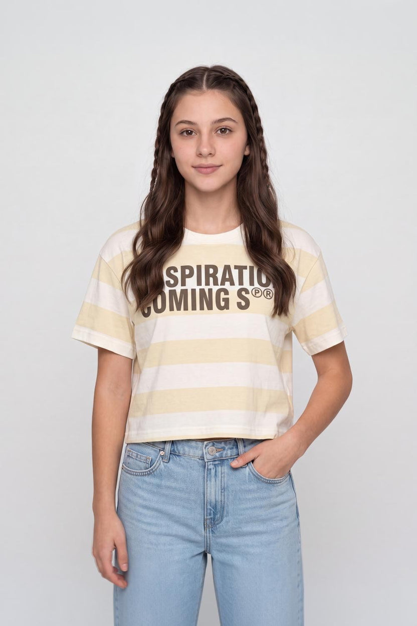 Yellow Striped Cotton Regular Fit T-Shirt for Women - Image 2